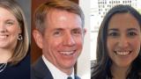 photos of three faces: a white woman with blonde hair in front of the Chicago flag, a white man with brown hair in a suit and a woman with dark brown hair.