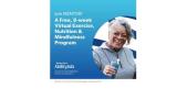 A blue square with a Black woman with grey hair wearing a grey sweatshirt and holding a water bottle, and in white, the words, Join MENTOR, a free 8-week virtual exercise nutrition and mindfulness program